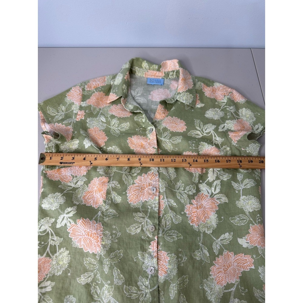 Sigrid Olsen Blue Linen Shirt Size M Green Floral Short Sleeve Button up - Picture 8 of 11